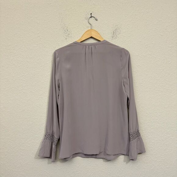 NWOT ECRU L/S Beaded Washable Silk Button-Up Shirt Pleated in Smokey Purple - Picture 8 of 12